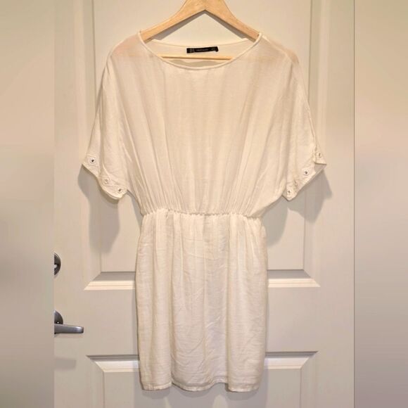 Zara Trafaluc M Boho White Textured Sheer Fabric Mirror Detail Mini Dress - Picture 1 of 6